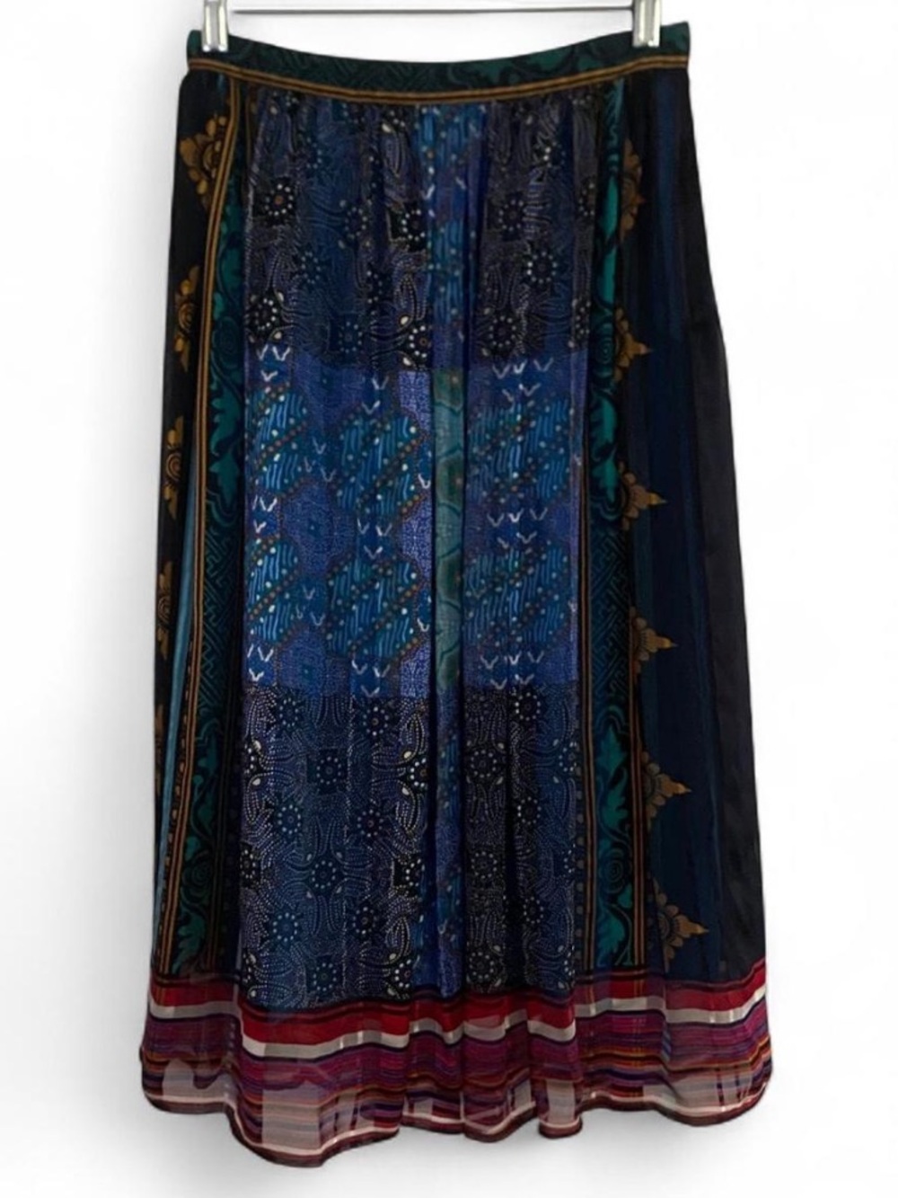 VINTAGE 90’S I. MAGNIN & CO SILK PATCHWORK PLEATED BOHO MIDI SKIRT SIZE XS